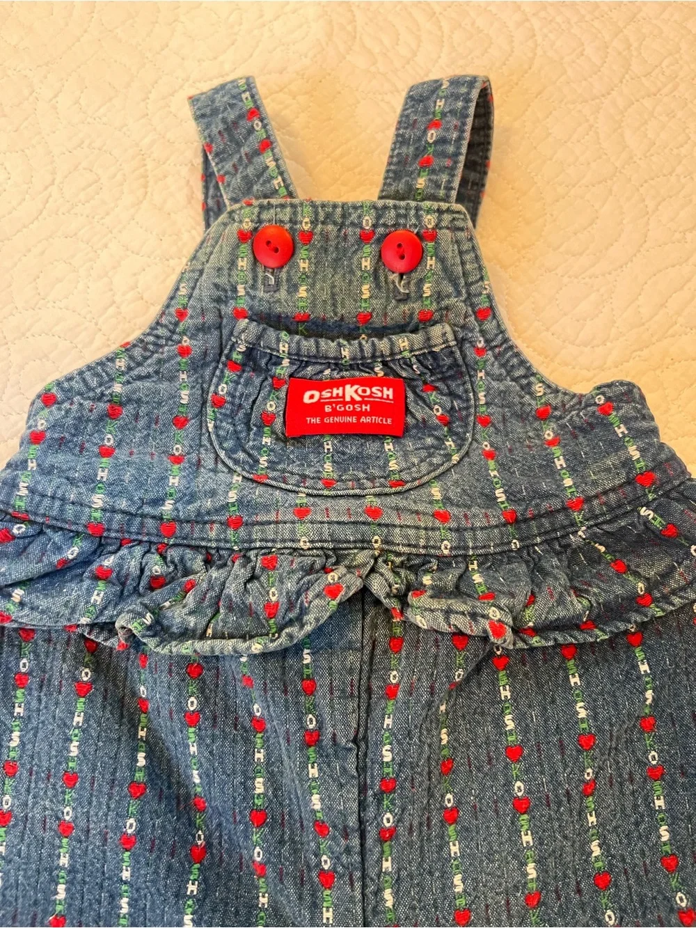 Vintage Oshkosh Logo Ruffle “Spell Out Heart” Overalls Size 12M